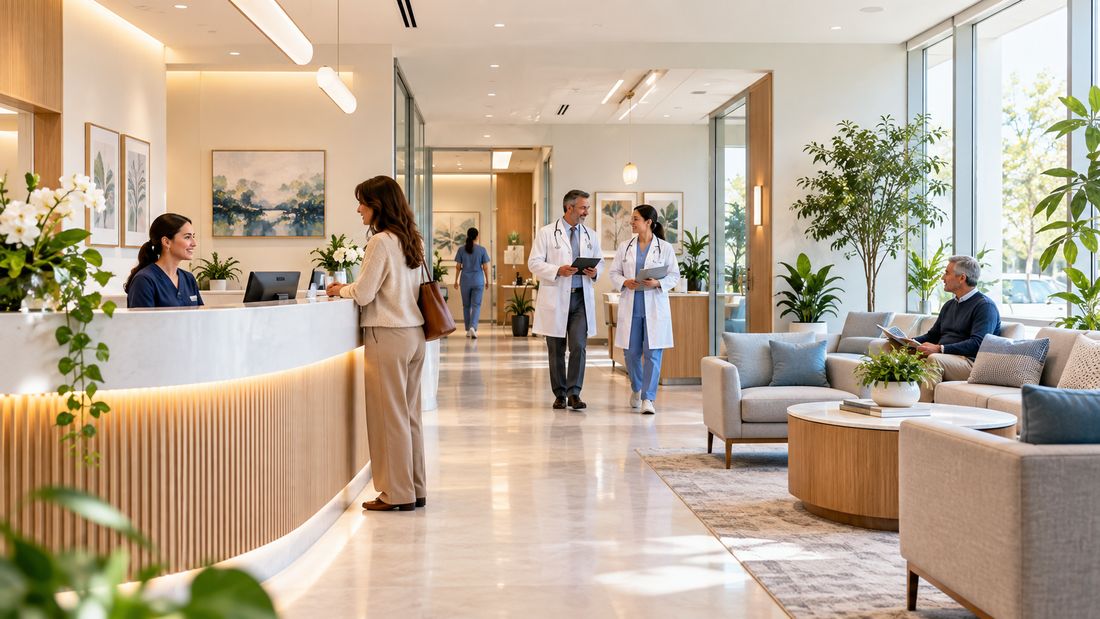 Recepção de clínica com paciente sendo atendida e médicos no corredor