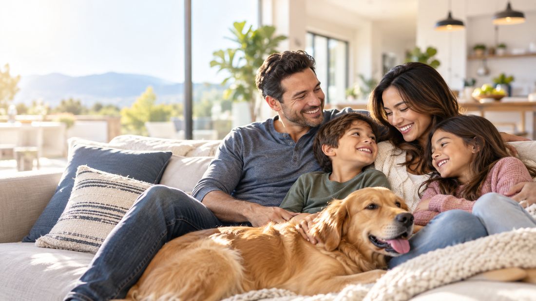 Família sorrindo no sofá da sala com o cachorro