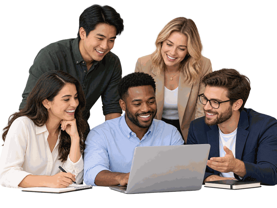 Colaboradores de uma empresa reunidos em volta de um notebook